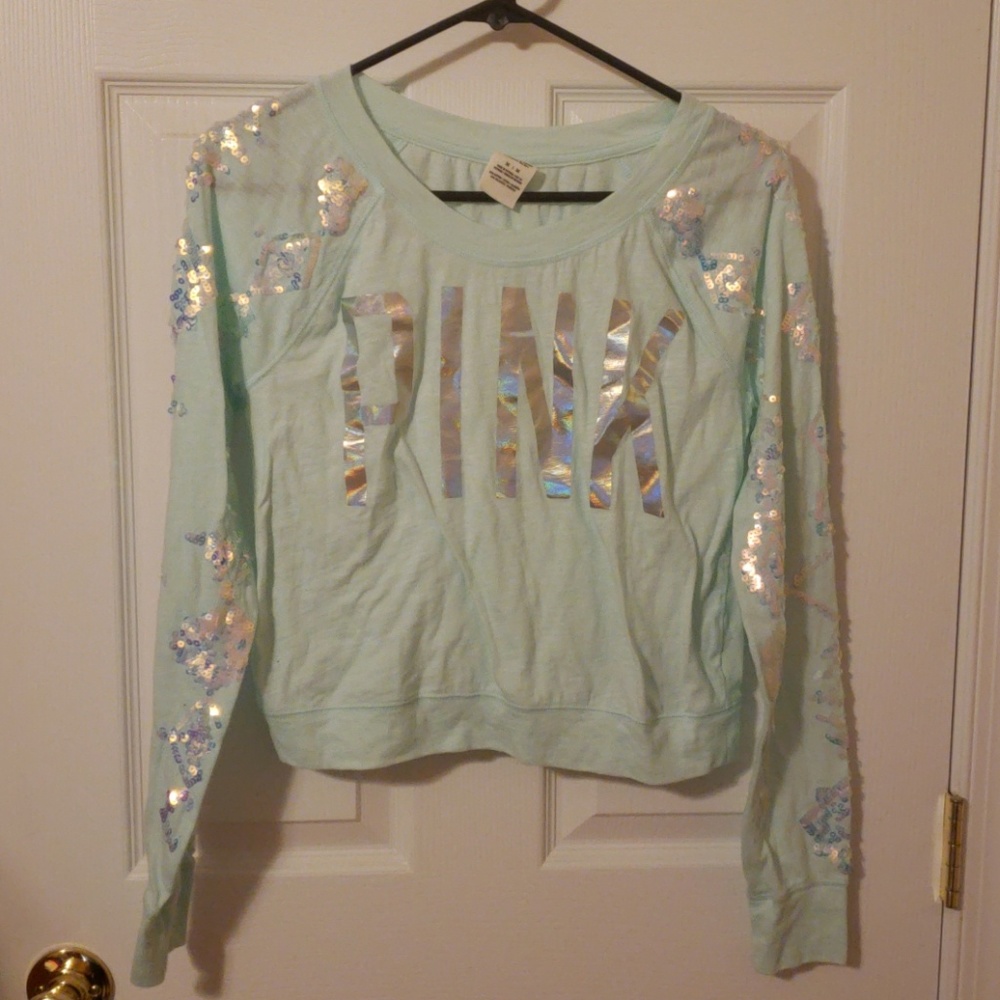 PINK light turquoise sequined crop top